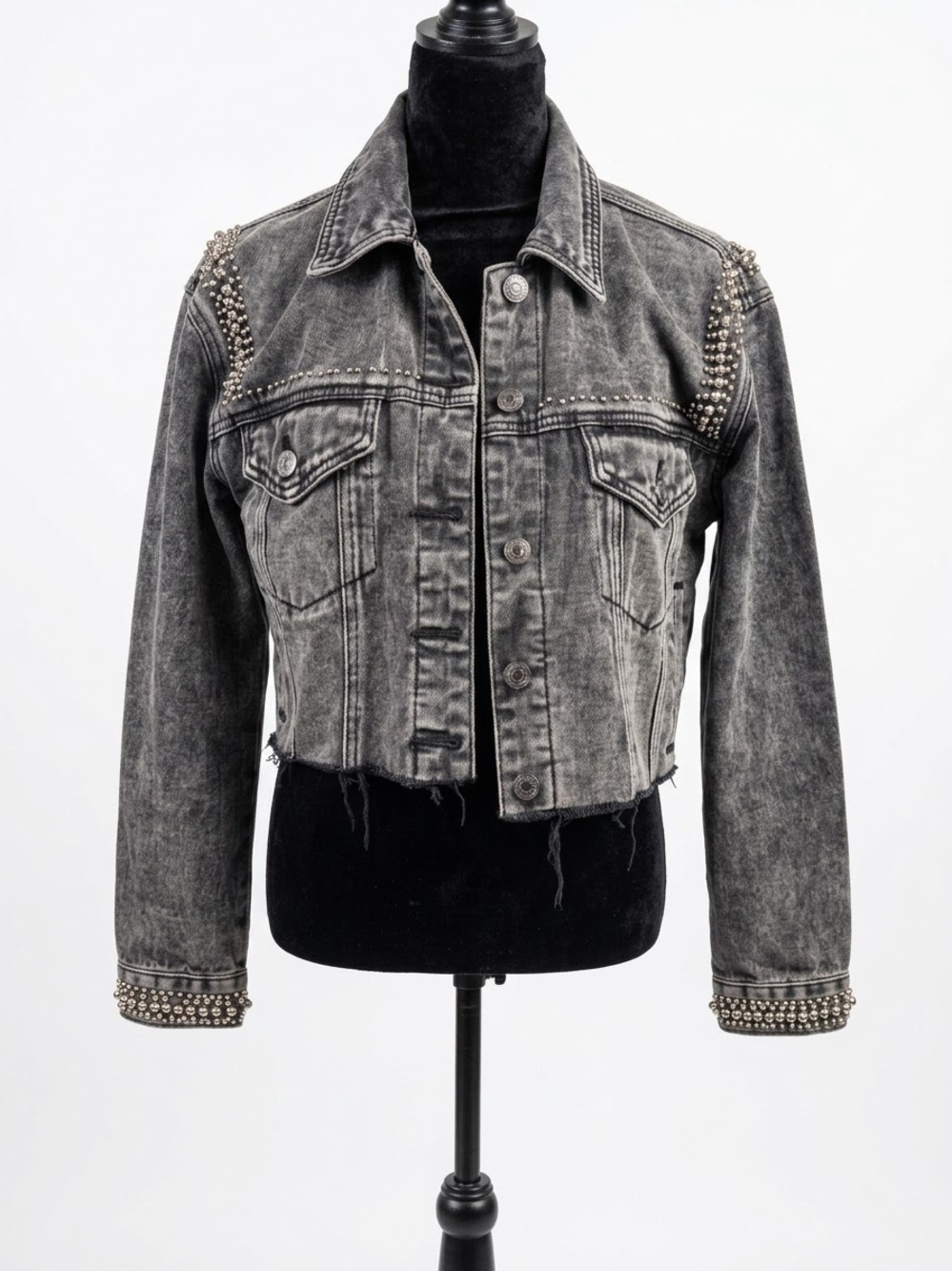 Forever 21 Washed Black Cropped Denim Jacket with Studs
